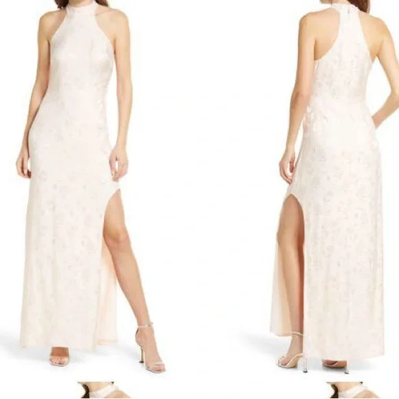 Lulu’s Red Carpet Ready Floral Satin Jacquard Halter Dress - Picture 2 of 16